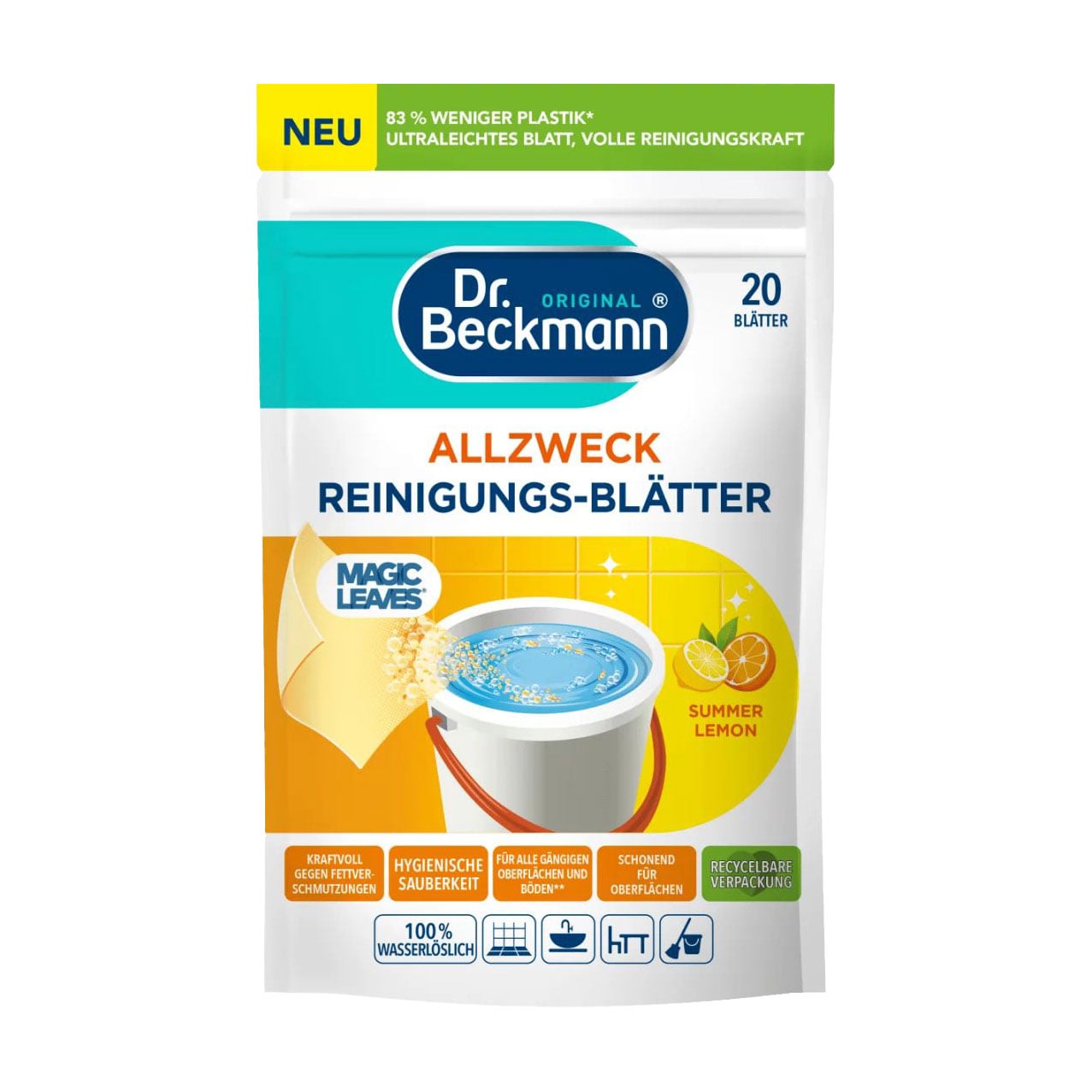 Розчинна серветка для прибирання Dr. Beckmann Magic Leaves Літній лимон, 20 шт